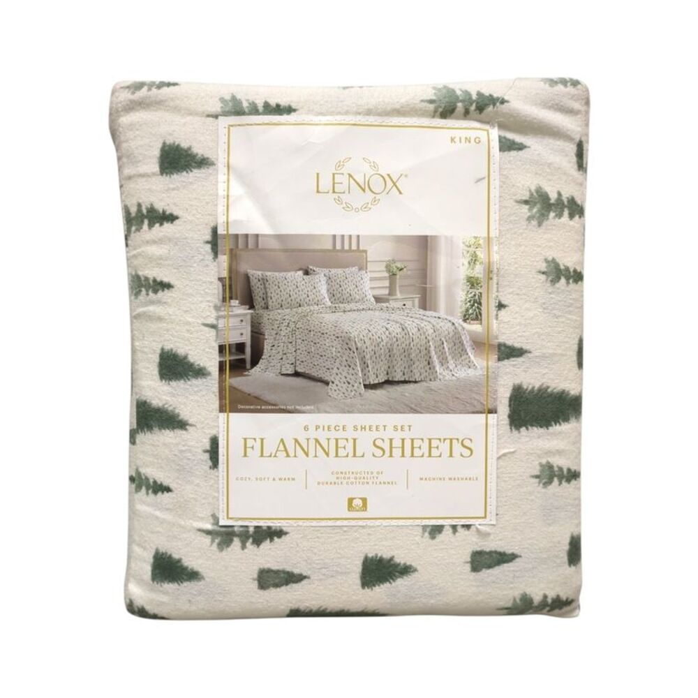 Lenox 6-Piece Soft & Warm 100% Cotton Flannel Sheet Set, King - Pine Trees